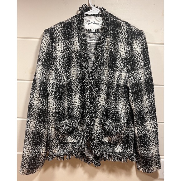 CAbi Carol Womens Lined Jacket/Blazer Black&White Tweed Plaid Fringe Trim Size 8 - Picture 1 of 14